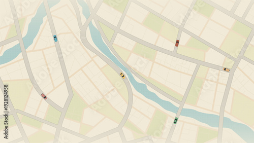 Flat GPS Navigation Map with Cars and River