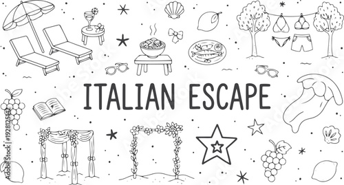 Whimsical mediterranean italian coastal beach vacation elements line art set. Seaside summer sketch of food, loungers, sardines, swimsuits and reading book. Wedding coquette vector illustration