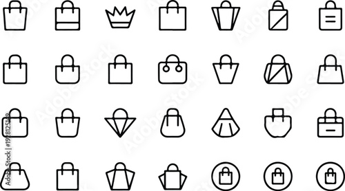 Shopping Bag Outline Icon Set Featuring Retail Purchase Packaging and E-commerce Symbols for Store Branding and Online Shop Design