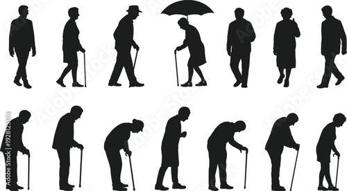 Collection of Silhouettes of Elderly People Walking and Standing with Canes old people senior citizens