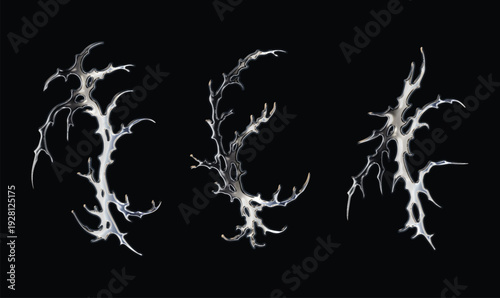 Chrome Gothic Tribal Sigil Set. Liquid Mercury Y2K Flame. Cyber Metallic Abstract Tattoo Art. Futuristic Reflective Chrome Illustration Design. Edgy Neo-Tribal Vector Elements.