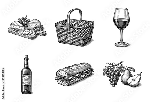 Vintage engraving style picnic collection featuring a wicker basket, wine bottle, glass, cheese board, baguette sandwich, and fresh fruit set.
