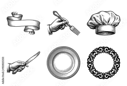 Vintage engraving collection of culinary symbols featuring a chef hat, ribbon banner, dinner plate, ornate frame, and hands holding a fork and knife.