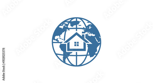 Blue Globe Icon with House Inside.