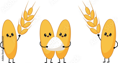 Cartoon wheat grains with flour bowl, agriculture food illustration, cute farming characters, playful vector design, educational harvest background art