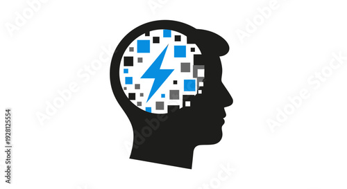 Black silhouette head with blue lightning.