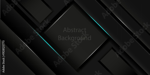 Modern black abstract geometric background with dark layers and cyan neon light glow