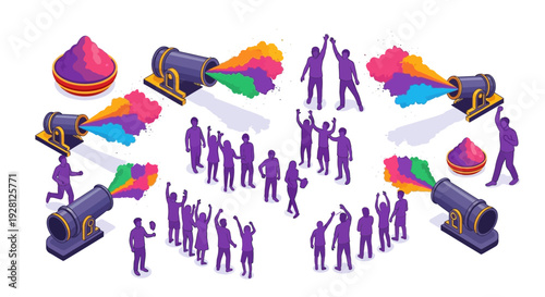 Isometric illustration of people celebrating Holi Festival Day with colorful powder and water cannons in a vibrant, fun city setting.
