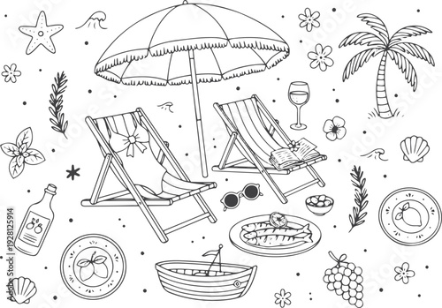 Whimsical mediterranean italian coastal beach vacation elements line art set. Seaside summer sketch of food, loungers, sardines, swimsuits and reading book. Wedding coquette vector illustration