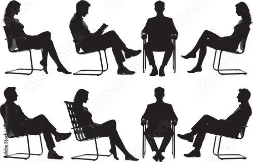 Silhouette collection of eight seated individuals in modern chairs with varied postures, including reading, leaning, and upright positions, ideal for design, psychology, and business concepts