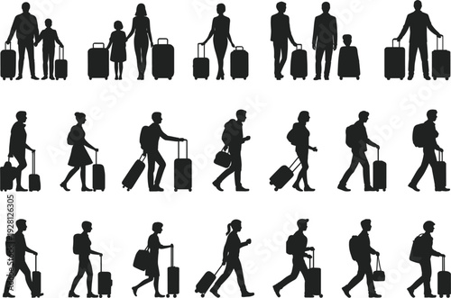 Collection Of Silhouettes Of People Traveling With Luggage On White Background suitcase