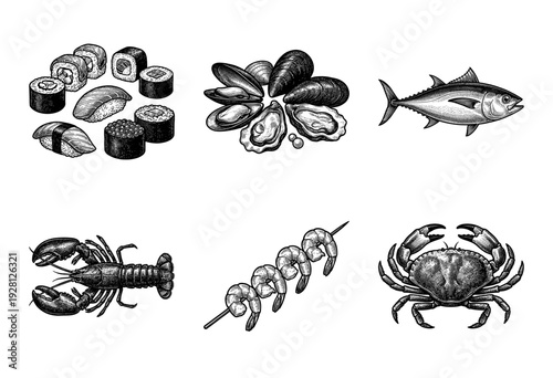 Vintage engraving style seafood collection featuring sushi rolls, tuna fish, lobster, crab, shrimp skewer, and mollusk shells in black ink