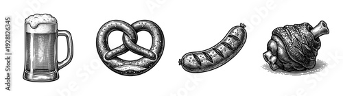 German bavarian food and drink collection featuring beer mug pretzel sausage and roasted pork knuckle in vintage hand drawn woodcut style