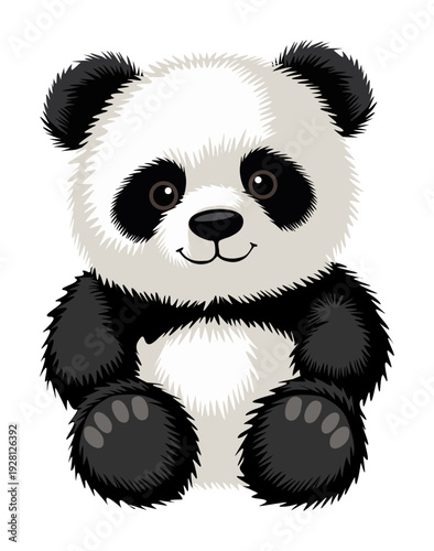Full body front facing illustration of a cute plush panda with black-white fur, sitting with paws forward, stylized jagged fur, isolated on transparent background. Playful and cuddly cartoon design.