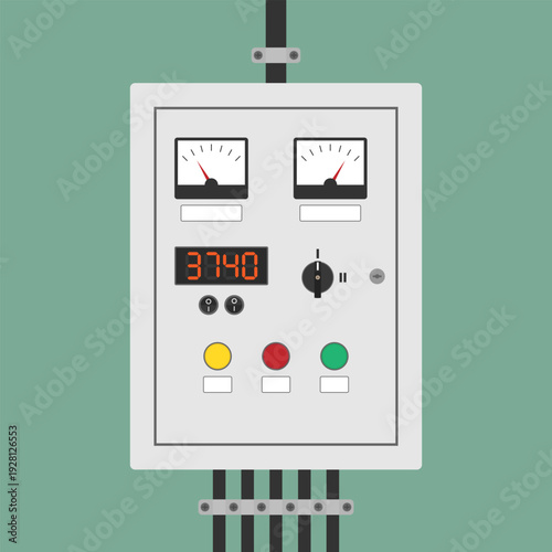 Industrial electrical control panel with various gauges and switches. Automation monitoring dashboard vector for themes involving factory automation, electrical engineering, power management