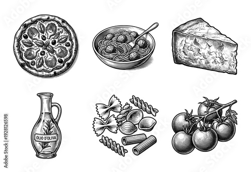 Italian cuisine collection featuring vintage woodcut illustrations of pizza, pasta, cheese, olive oil, and fresh tomatoes.