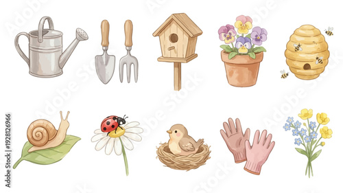 Watercolor gardening clipart set with watering can, tools, birdhouse, potted pansy, beehive, bees, snail, daisy, nest bird, gloves and wildflowers. Vector illustrations.  Perfect for invitation, card