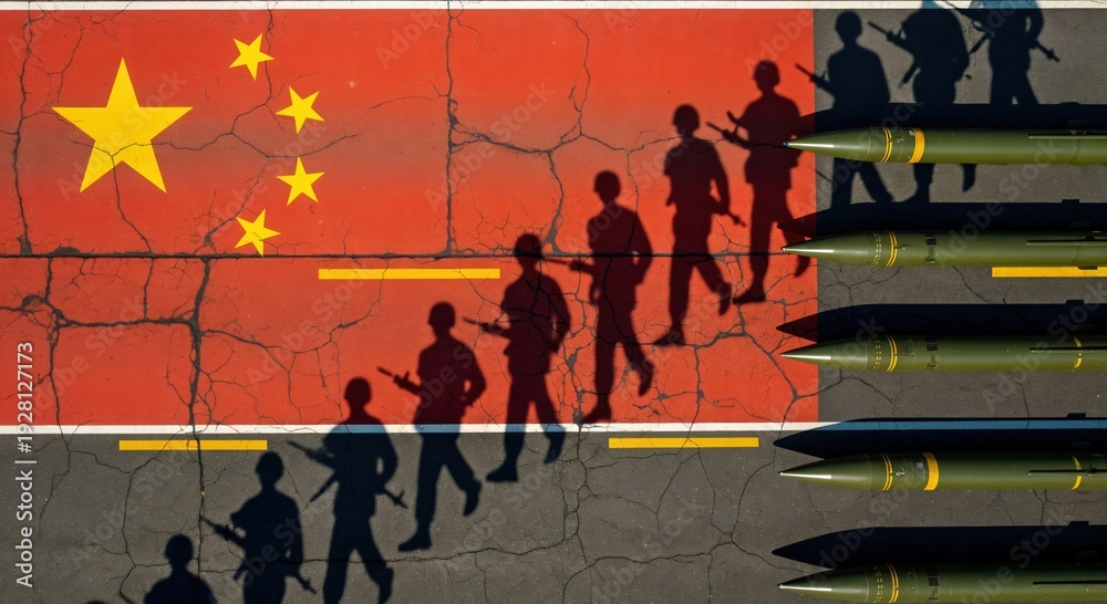 Obraz premium Silhouettes of soldiers and missiles over a cracked flag of China, concept of geopolitical tension and regional security.