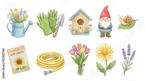 Watercolor garden clipart set with watering can flowers, gloves, tools, birdhouse, gnome, hose, snail, tulips, daisy and lavender. Vector illustrations.  Perfect for invitation, card, poster, banner