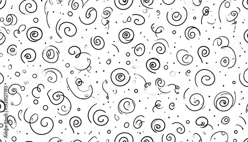 A black and white illustration of swirling patterns and dots on a clean background