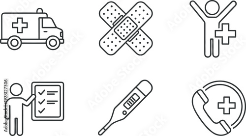 Emergency Medical Service Line Icon Set with Ambulance, Bandage, Thermometer, Checklist, Healthcare Call and Patient Support Symbols