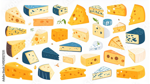 Cheese Vector Collection – Flat Hand-Drawn Gouda, Brie, Cheddar, and Blue Cheese Illustrations