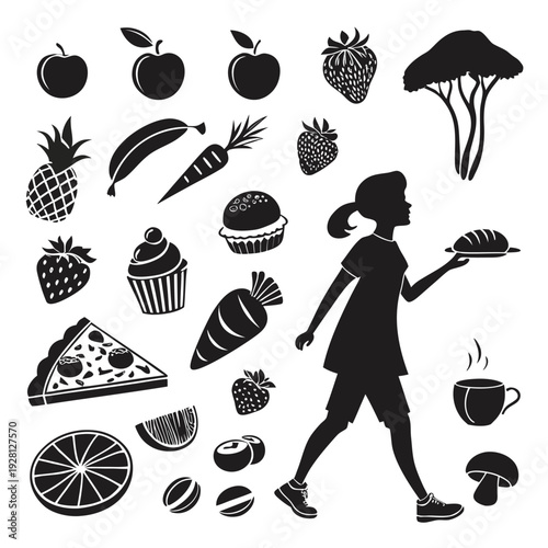 Black Food Silhouette Icons Set with Girl Carrying Tray, Fruits, Desserts and Beverages