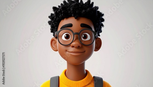 A 3D cartoon character of a young boy with glasses and a yellow shirt