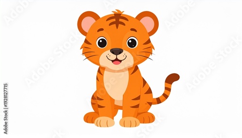 A cute cartoon tiger cub with big eyes and a happy expression