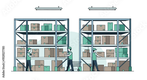 Warehouse workers loading storage shelving units.