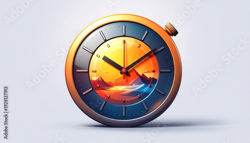 A stopwatch with a mountain landscape at sunset on its face