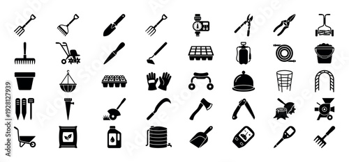 Collection of gardening tools and equipment icons for outdoor and indoor plant care