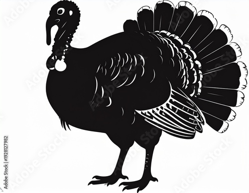 A black silhouette of a turkey wearing a necklace on a white background