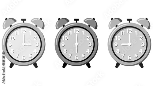 さらりとしたマットな質感のグレーの3時と6時と9時の目覚まし時計が並ぶイラストです。モノトーンの落ち着いた色合いが、日々のスケジュール管理や作業の中に安らぎと静けさをもたらします。ビジネスや生活習慣をテーマにした資料に最適です。