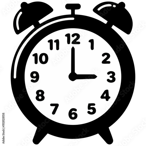 3時を指す、ぴかぴかと滑らかな質感の白黒の目覚まし時計です。午後の休憩時間やスケジュールの切り替えを知らせ、日常に安らぎと調和をもたらします。ビジネスのタスク管理やライフスタイルの記事などに適しています。