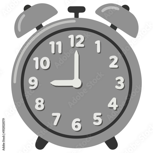 9時を指す、ぴかぴかと滑らかな質感の白黒の目覚まし時計です。午後の休憩時間やスケジュールの切り替えを知らせ、日常に安らぎと調和をもたらします。ビジネスのタスク管理やライフスタイルの記事などに適しています。