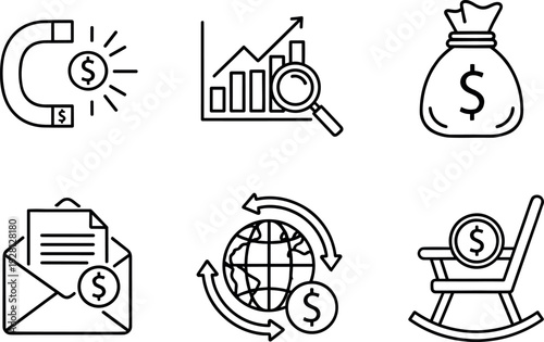 Global Finance and Investment Icons Set with Money Bag Analytics Email Payment and Retirement Savings