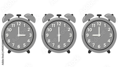 さらりとしたマットな質感のグレーの3時と6時と9時の目覚まし時計が並ぶイラストです。モノトーンの落ち着いた色合いが、日々のスケジュール管理や作業の中に安らぎと静けさをもたらします。ビジネスや生活習慣をテーマにした資料に最適です。
