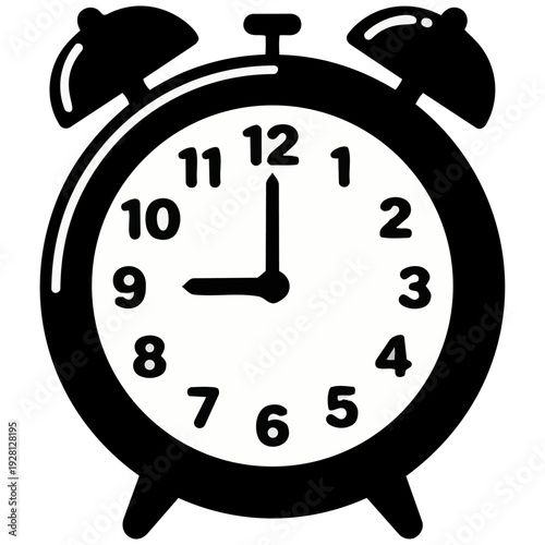 9時を指す、ぴかぴかと滑らかな質感の白黒の目覚まし時計です。午後の休憩時間やスケジュールの切り替えを知らせ、日常に安らぎと調和をもたらします。ビジネスのタスク管理やライフスタイルの記事などに適しています。