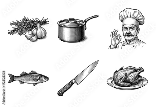 Vintage culinary engraving set featuring a chef portrait, kitchen tools, fresh fish, roasted chicken, and aromatic herbs in a detailed woodcut style