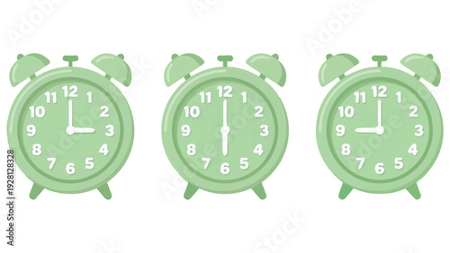 さらりとしたマットな質感の3時と6時と9時のカラフルな目覚まし時計が並ぶイラストです。緑の落ち着いた色合いが、日々のスケジュール管理や作業の中に安らぎと調和をもたらします。ビジネスや生活習慣をテーマにした資料に最適です。