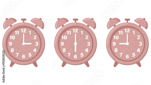 さらりとしたマットな質感の3時と6時と9時のカラフルな目覚まし時計が並ぶイラストです。ピンクの落ち着いた色合いが、日々のスケジュール管理や作業の中に安らぎと調和をもたらします。ビジネスや生活習慣をテーマにした資料に最適です。