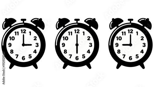 さらりとしたマットな質感のグレーの3時と6時と9時の目覚まし時計が並ぶイラストです。モノトーンの落ち着いた色合いが、日々のスケジュール管理や作業の中に安らぎと静けさをもたらします。ビジネスや生活習慣をテーマにした資料に最適です。