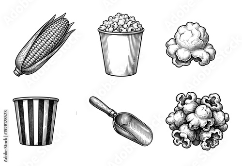 Vintage woodcut style popcorn collection featuring corn cob bucket scoop and popped kernels in hand drawn engraving aesthetic