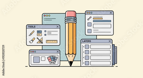 Graphic Design Tools and Layers Concept with Pencil, UI Design, Software Interface