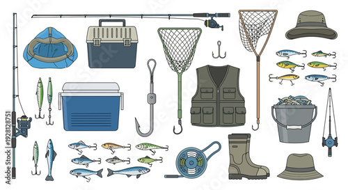 Extensive collection of professional and recreational fishing equipment, including a variety of rods, reels, lures, nets, vests, boots, tackle boxes, and an inflatable boat for any angling adventure