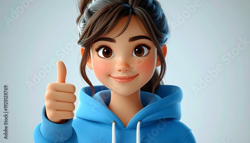 A cartoon girl wearing a blue hoodie gives a thumbs up with a cheerful expression