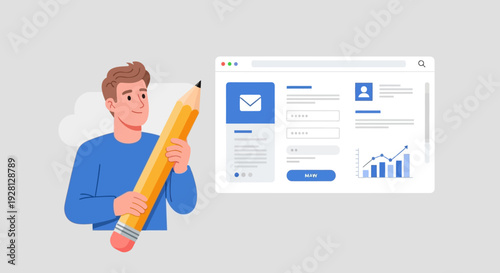 Man with Giant Pencil Designing Web Form UI UX Design Concept