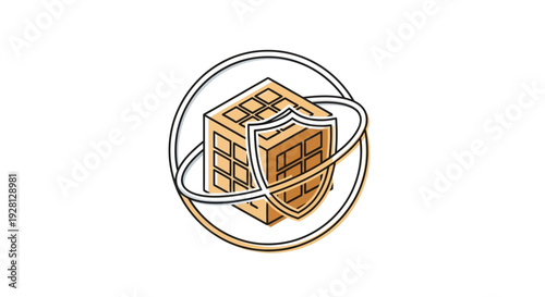 Brown Building with Shield Icon.