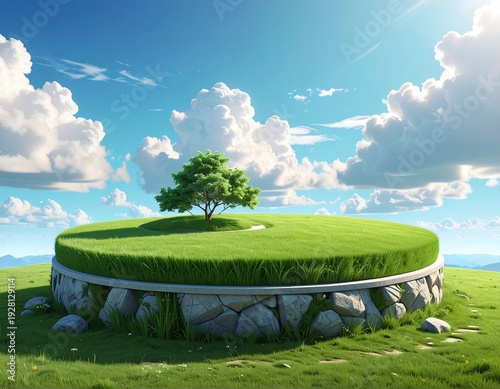 A serene landscape of a solitary tree on a circular grassy hill under a bright blue sky with fluffy clouds
